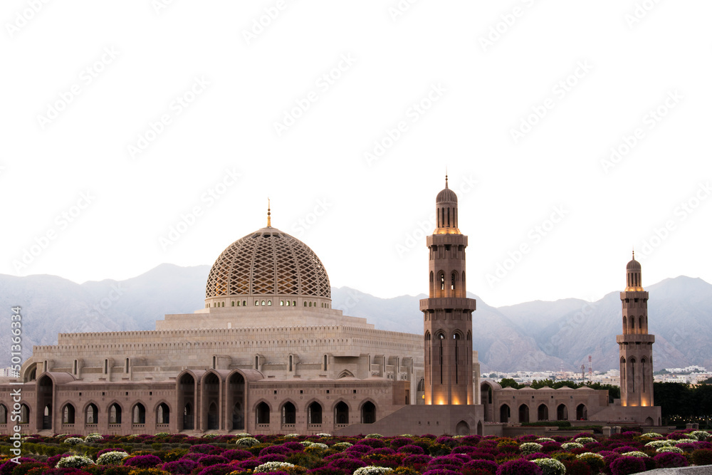 Fototapeta premium Muscat,Oman - April 24,2022 : View on Sultan Qaboos grand mosque architecture in Muscat.