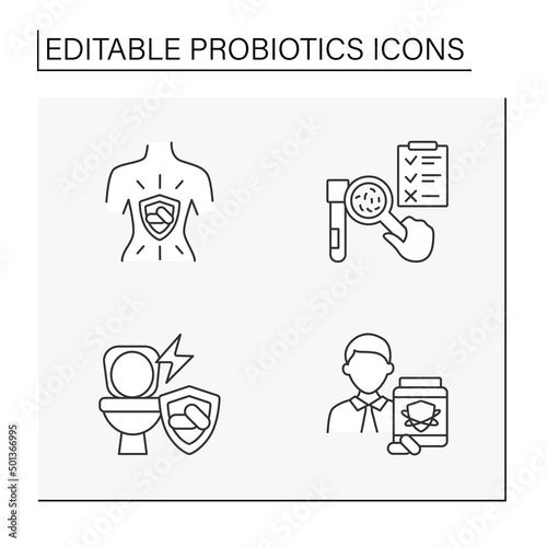 Probiotics line icons set. Treatment to protect the immune system. Probiotics concepts. Isolated vector illustrations. Editable stroke