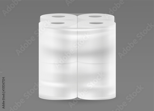 Toilet paper transparent package. 8 white rolls in plastic wrapping isolated on transparent background. Vector realistic Mockup. Blank template. EPS10.