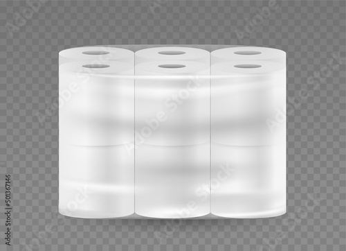 Toilet paper transparent big package. 12 white rolls in plastic wrapping isolated on transparent background. Vector realistic Mockup. Blank template. EPS10.