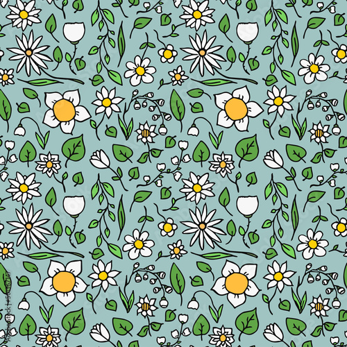 Colored seamless floral vector pattern. Doodle floral pattern on blue background. Vintage floral illustration with white flowers