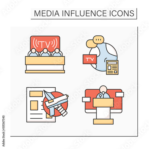 Media influence color icons set. International news, crime and violence on newspaper article, speaker and tv audience.Isolated vector illustrations