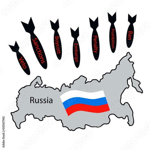 Silhuette of russian map with three-colored flag and bombs falling down symbolizing the effect of sanctions due to russian invasion, war in Ukraine, embargo, sanctions, penalty, boycott