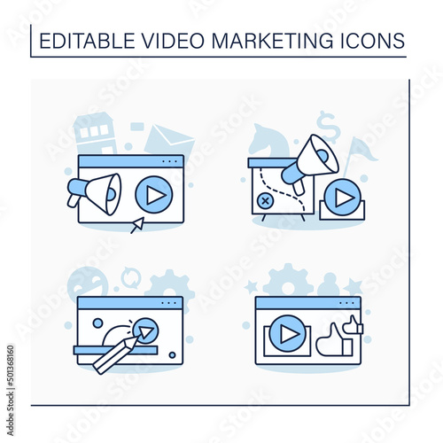 Video marketing line icons set. Agency, strategy, animated and customer testimonial video content. Content management concept. Isolated vector illustrations. Editable stroke