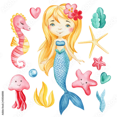 Mermaid, seashells, bubbles, coral on an isolated white background. Watercolor drawing
