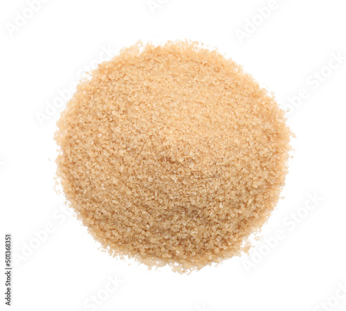 Pile of brown sugar isolated on white, top view