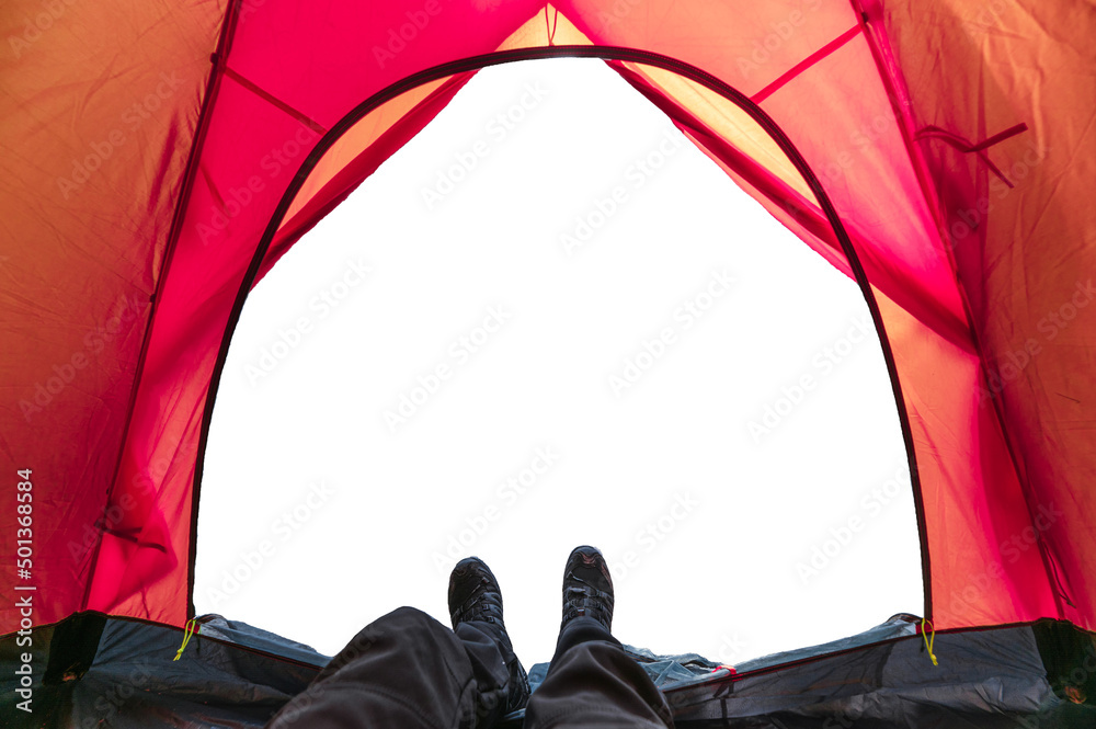 Maand Veronderstelling Additief Hiker man wearing boot relaxing inside a red tent on white background Stock  Photo | Adobe Stock