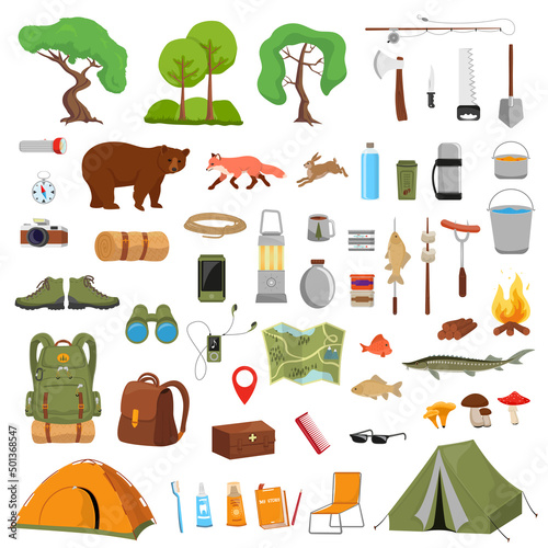 Camping big set. Set for camping and hiking, painted elements - tent, fire, map and wildlife. Camping things for design.