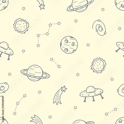 Cosmos doodle is a set of vector illustrations. Seamless pattern icons of space elements,