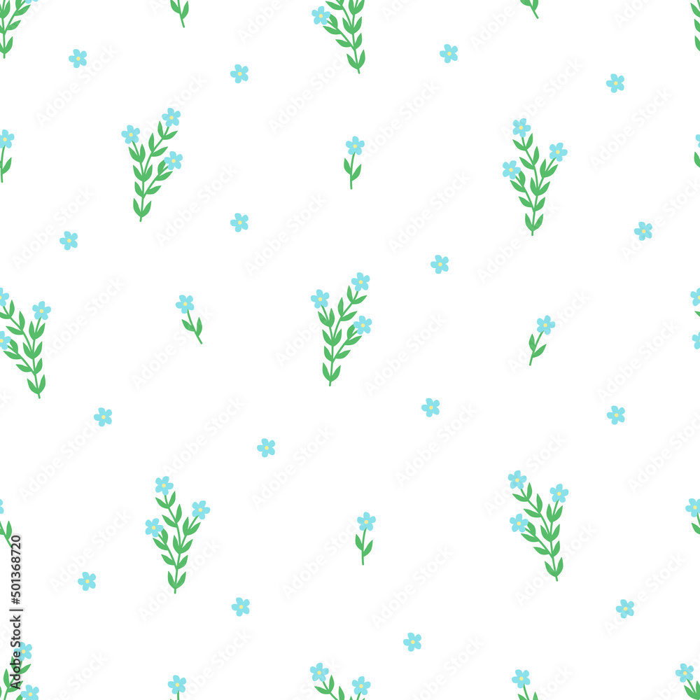 Seamless pattern field plants, forget me not flowers. Vector illustration wallpaper background.