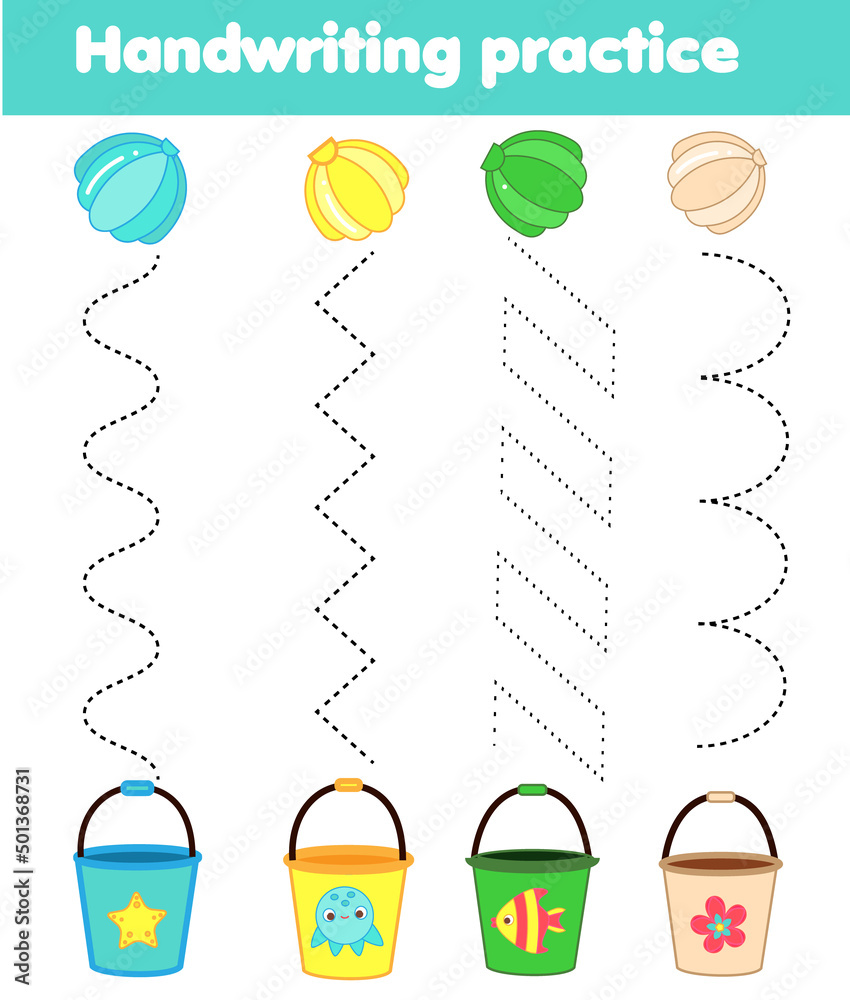 Shells Tracing put shells in bucket. handwriting practice sheet. Summer holidays ...