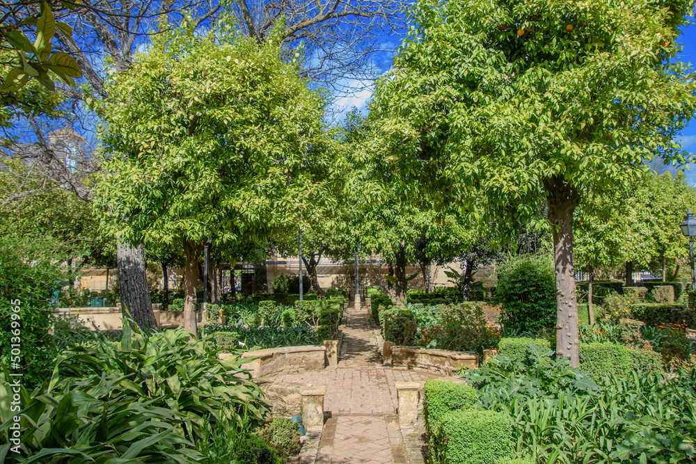View of the beautiful gardens of the Alcazar de los Reyes Cristianos, Cordoba, Andalusia, Spain View of the beautiful gardens of the Alcazar de los Reyes Cristianos, Cordoba, Andalusia, Spain