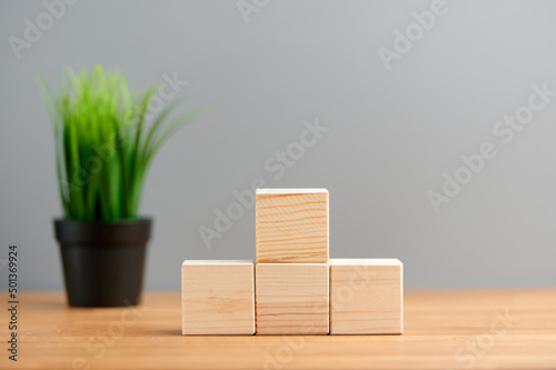 Fototapeta Naklejka Na Ścianę i Meble -  Ecology, business, seo, team, advertise concept, blank wooden block cubes on a gray background with plant for your text and advertisement. Free space for business concept template and banner..
