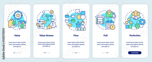 Lean manufacturing key principles onboarding mobile app screen. Walkthrough 5 steps graphic instructions pages with linear concepts. UI, UX, GUI template. Myriad Pro-Bold, Regular fonts used