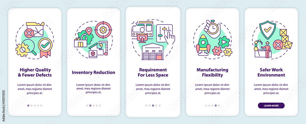 One piece flow advantages in manufacturing onboarding mobile app screen. Walkthrough 5 steps graphic instructions pages with linear concepts. UI, UX, GUI template. Myriad Pro-Bold, Regular fonts used