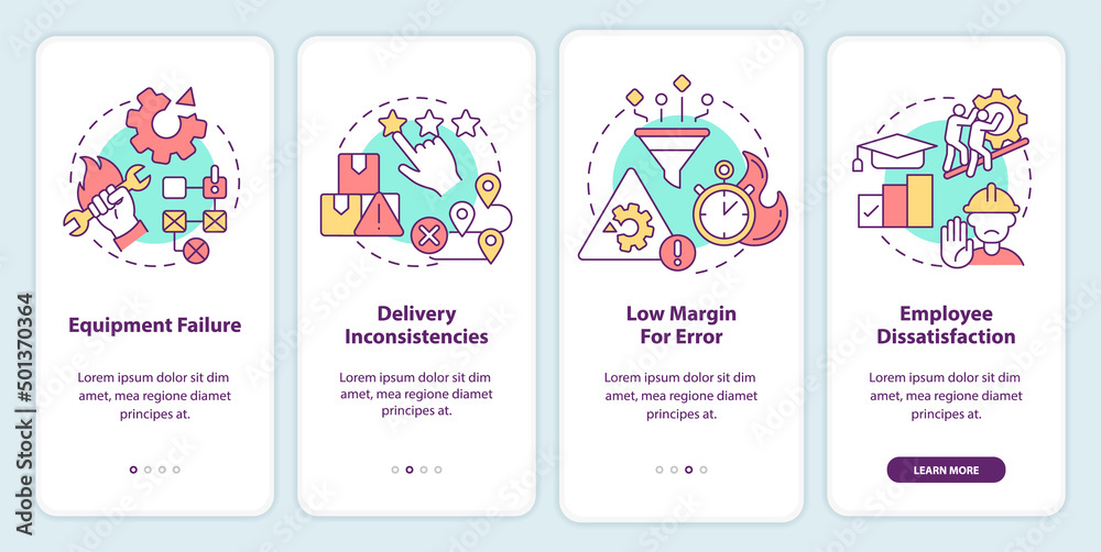Lean manufacturing disadvantages onboarding mobile app screen. Walkthrough 4 steps graphic instructions pages with linear concepts. UI, UX, GUI template. Myriad Pro-Bold, Regular fonts used