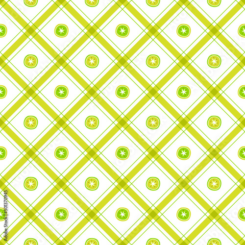 Cute Kiwi Half Fruit Element Gold Yellow Green Diagonal Stripe Striped Line Tilt Checkered Plaid Tartan Buffalo Scott Gingham Pattern Flat Cartoon Vector Seamless Pattern Print Background Food