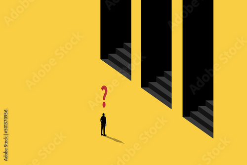 Concept of businessman choosing the right gate. Direction way concept. Symbol of new job, success, ambition and motivation. Planning and strategy