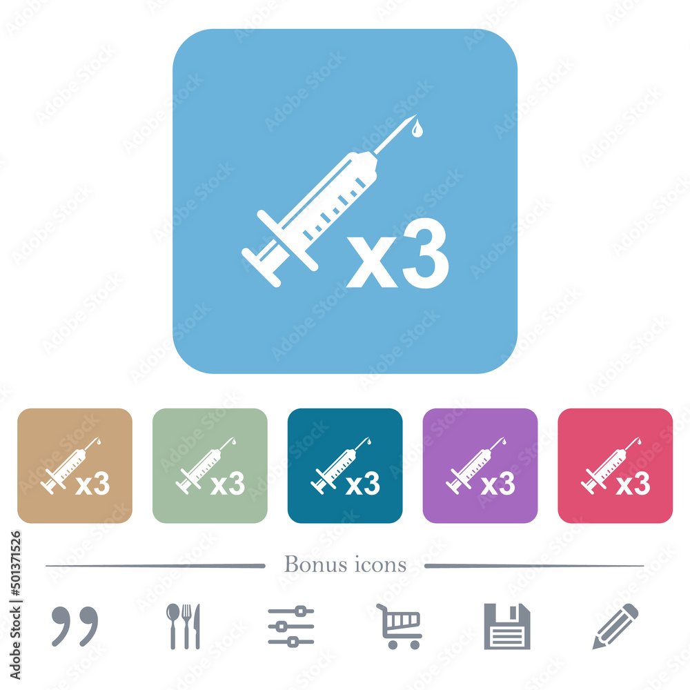 Third vaccine dose flat icons on color rounded square backgrounds Third vaccine dose flat icons on color rounded square backgrounds