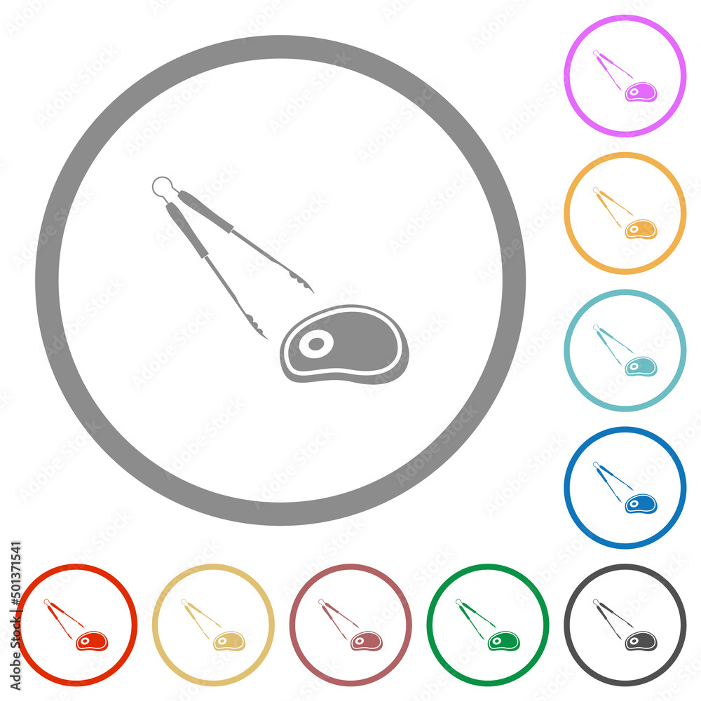 Barbecue tongs and steak flat icons with outlines Barbecue tongs and steak flat icons with outlines