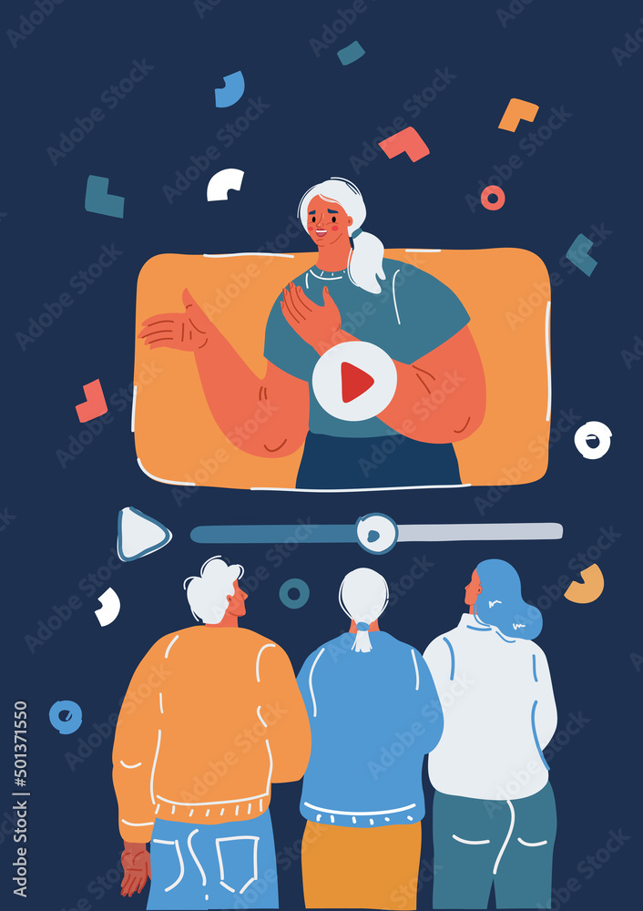 Naklejka premium Cartoon vector illustration of Bloger woman. People watch show.
