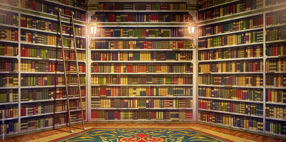 Bookshelves in the library with old books - turned on the lamp,  Anime background, Illustration.	
 - obrazy, fototapety, plakaty 
