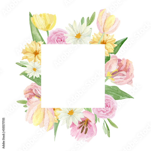 Watercolor floral frame illustration with rose, tulips, green leaves, for wedding stationery, greeting card, baby shower, banner, logo design.