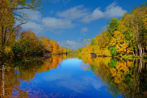 Autumn forest lake water landscape, 