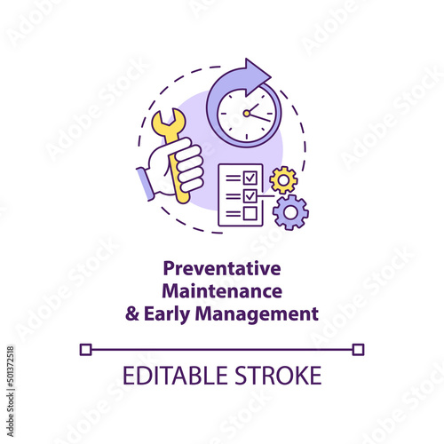 Preventative maintenance, early management concept icon. Total productive maintenance abstract idea thin line illustration. Isolated outline drawing. Editable stroke. Arial, Myriad Pro-Bold fonts used
