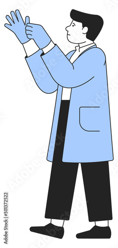 Man in medical uniform put on gloves. Doctor ready for procedure