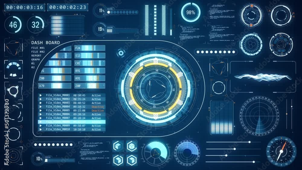 Motion graphic of Blue head up display ( HUD UI ) technology interface screen with futuristic elements graph and chat panel abstract background	