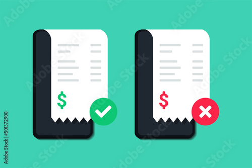 Invoice with check mark and cross sign on mobile phone screen. Paper invoice, shopping cash bill slip, buying tax transaction service. Vector illustration
