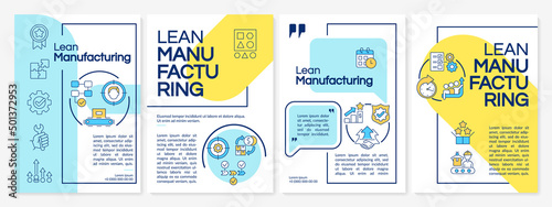 Lean manufacturing yellow and blue brochure template. Continuous production. Leaflet design with linear icons. 4 vector layouts for presentation, annual reports. Questrial, Lato-Regular fonts used