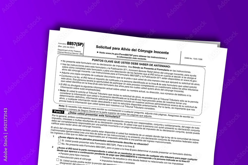 Fototapeta premium Form 8857 (SP) documentation published IRS USA 44355. American tax document on colored