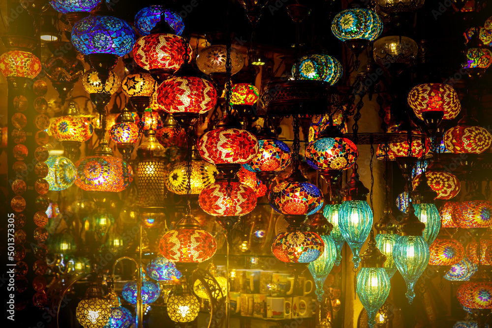 Vintage multi-colored lamps. Traditional oriental lanterns.