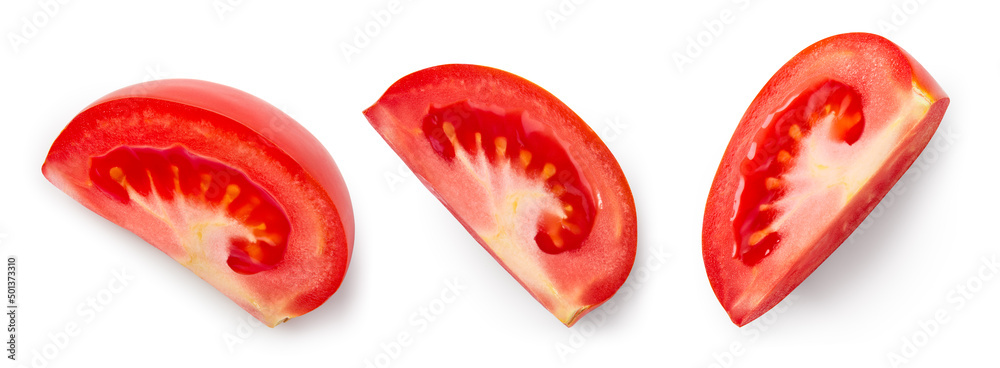 Tomato slice isolated. Tomato slices top view on white background. Set of tomato pieces with clipping path. Tomato slice isolated. Tomato slices top view on white background. Set of tomato pieces with clipping path.