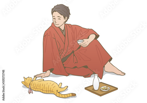 着物姿で寛ぐ男性（猫と一緒にリラックス）