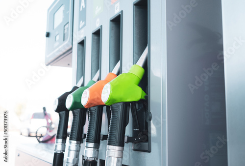 Canvas Print Detail of fuel pumps in european gas station