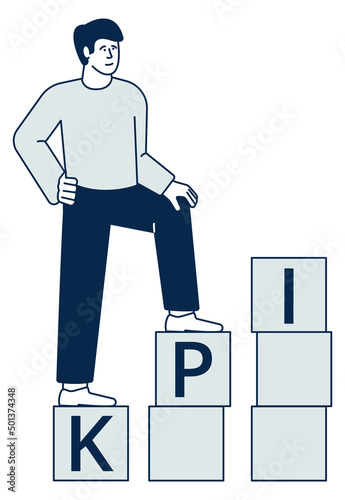 Man climbing on kpi blocks. Growing perfomance icon