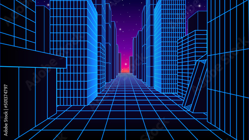 Neon city landscape with synthwave or 80s arcade style. Abstract wireframe buildings on the retro gaming street.