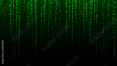 Green matrix on the dark background with noise effect and dots. Big data visualization. Digital texture backdrop. Vector illustration.