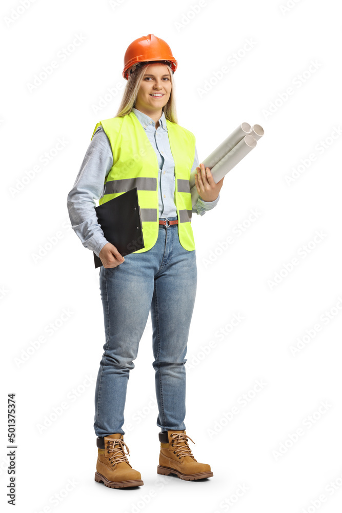 Young female engineer holding blueprints Young female engineer holding blueprints