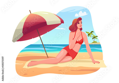 Pin up girl in a swimsuit. Young woman is relaxing on the beach. Vintage vacation background. Vector cute Illustration in cartoon style. © Viktoriia