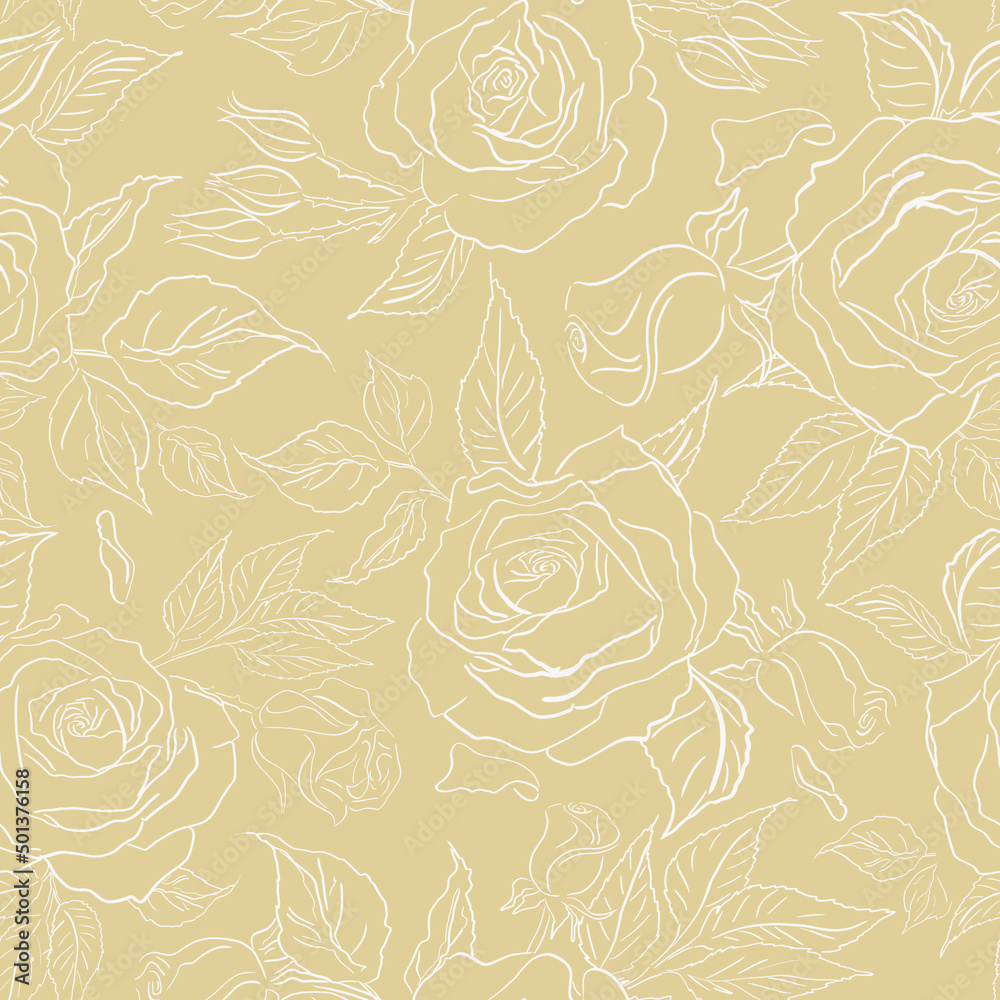Fototapeta premium Seamless pattern of imprints flowers on pastel yellow background. Gorgeous seamless floral background