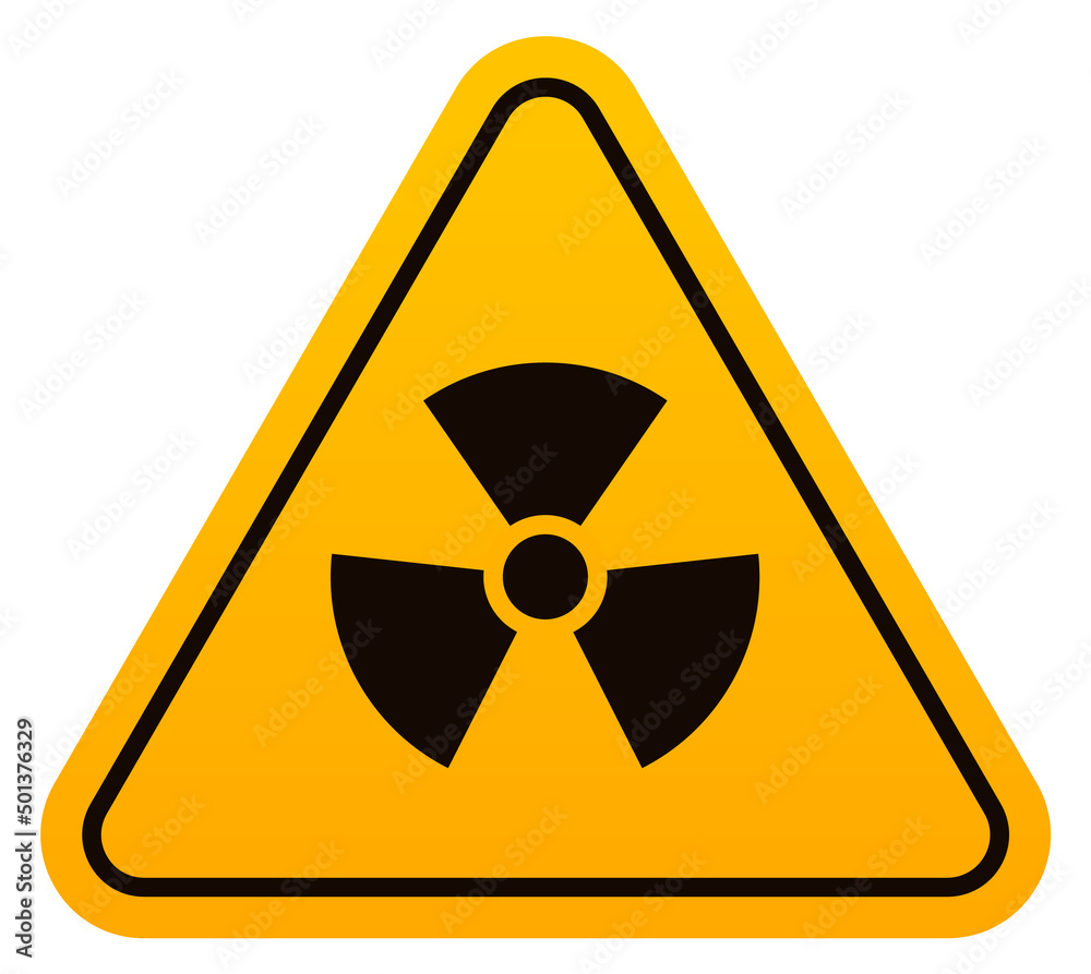 Radioactive hazard label. Yellow triangular warning sticker Radioactive hazard label. Yellow triangular warning sticker