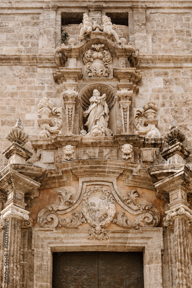 Portico of the Parroquia de los Santos Juanes, also known as the church of San Juan del Mercado, located in the city of Valencia, opposite the Lonja de la Seda and next to the Central Market.