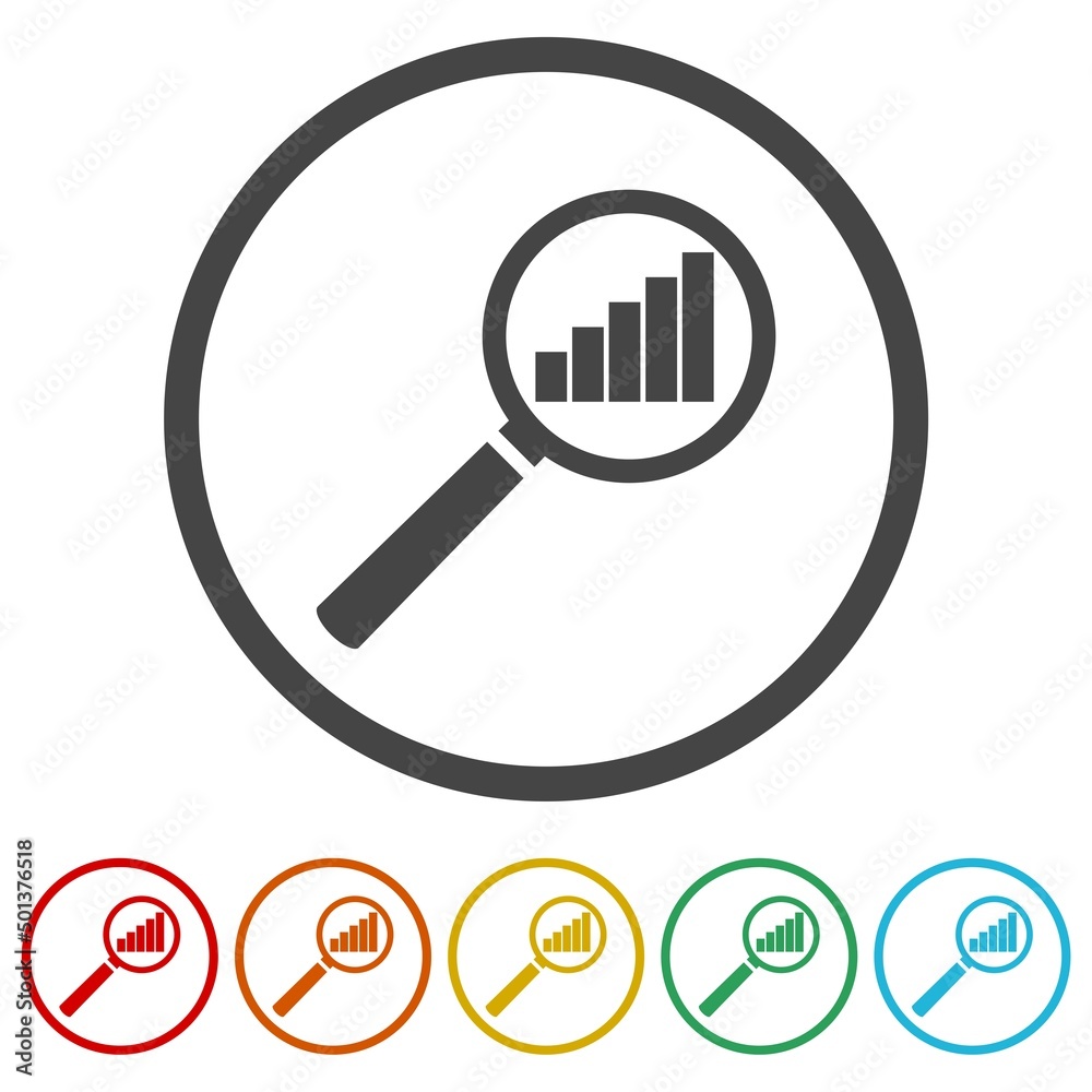 Magnificent Glass On Paper With Chart Icon. Set icons colorful Magnificent Glass On Paper With Chart Icon. Set icons colorful