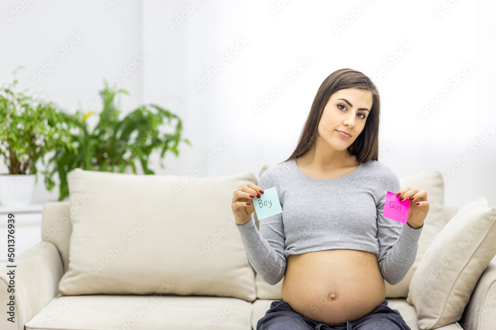 Photo of positive pregnant woman holding pink and blue papers which mean gender of future baby. Photo of positive pregnant woman holding pink and blue papers which mean gender of future baby.