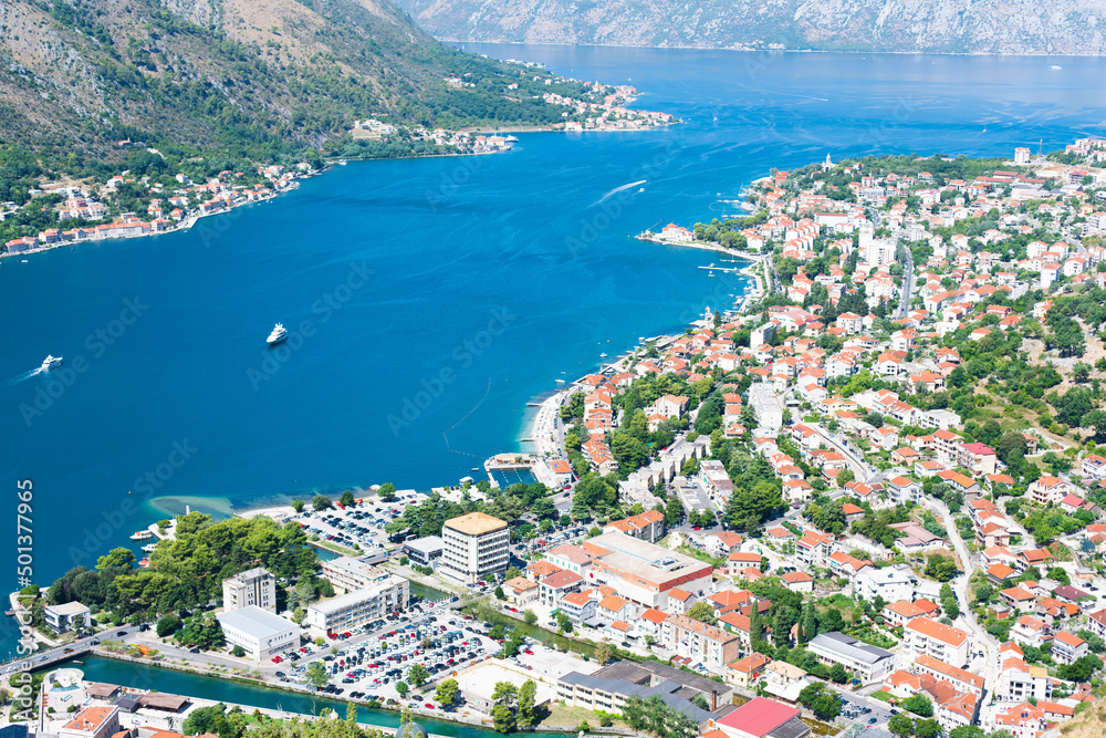 View of the Bay of Kotor and old town Kotor from Mountain Lovcen. City of Kotor, Montenegro. Selective focus.