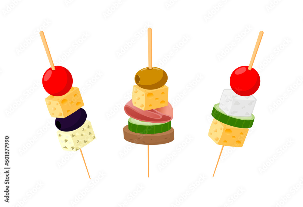 Canapes with different toppings isolated on white. Vector illustration
